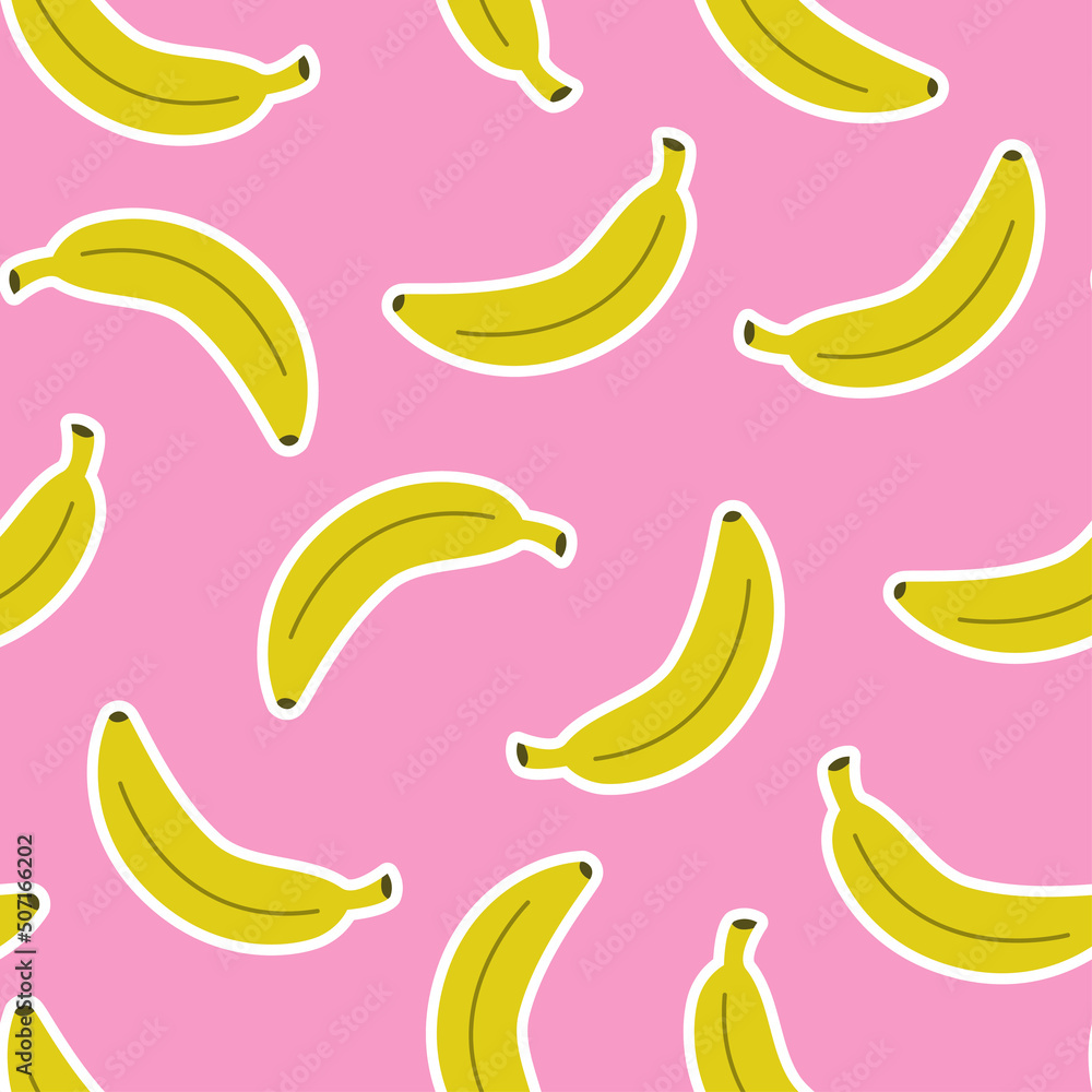 Seamless pattern with cartoon bananas on a pink background.
