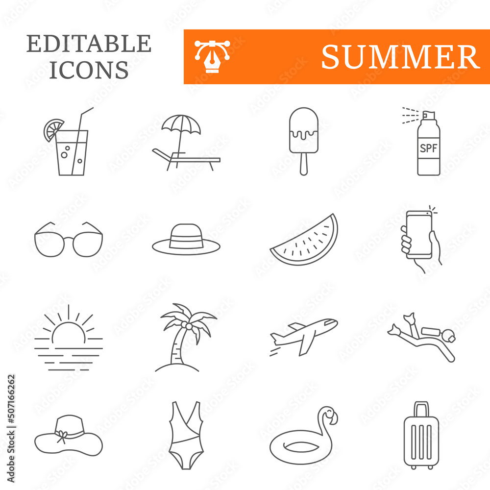 Fototapeta premium Summer line icon set, Travel vector collection, logo illustrations, Summer vector icons, outline style pictogram pack, tourism editable stroke icons.