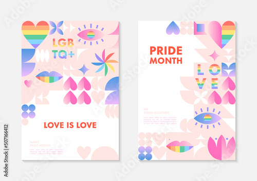 Pride month poster templates.LGBTQ  community vector illustrations  in bauhaus style with geometric elements and rainbow lgbt symbols.Human rights movement concept.Gay parade.Colorful cover designs.