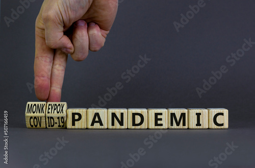 Monkeypox or covid-19 pandemic symbol. Changed concept words Covid-19 pandemic to Monkeypox pandemic on wooden blocks. Doctor hand. Medical and monkeypox or covid-19 pandemic concept. Copy space.