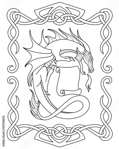 Dragon with a scroll in a frame of Celtic ornament - a vector linear picture for coloring. Outline. Fantasy coloring book with a fire-breathing dragon and an ornament photo