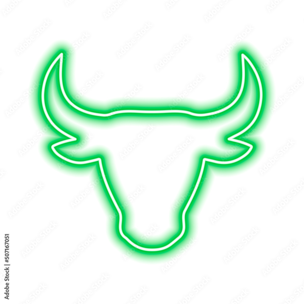 Fototapeta premium The silhouette of the bull's head is green neon line on a white background