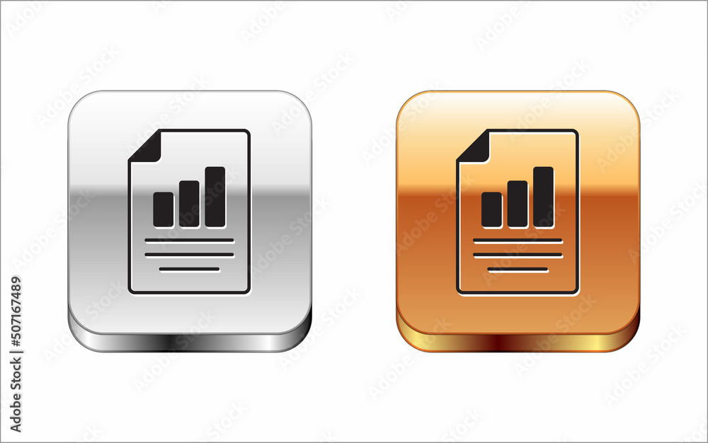 Black Document with graph chart icon isolated on white background. Report text file icon. Accounting sign. Audit, analysis, planning. Silver and gold square buttons. Vector Black Document with graph chart icon isolated on white background. Report text file icon. Accounting sign. Audit, analysis, planning. Silver and gold square buttons. Vector