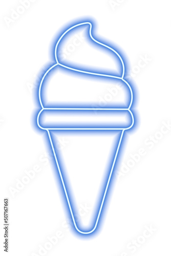 Blue neon ice cream silhouette in waffle cone on a white background