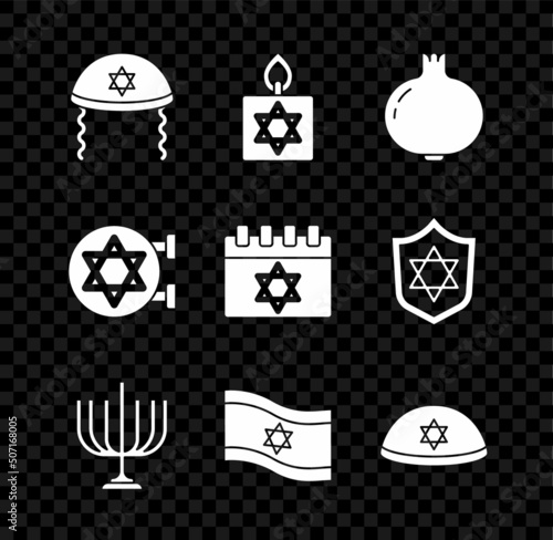 Set Jewish kippah, Burning candle, Pomegranate, Hanukkah menorah, Flag of Israel, synagogue and calendar icon. Vector