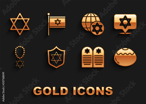 Set Shield with Star of David, Jewish sweet bakery, Tombstone star david, necklace chain, World Globe and Israel, and Flag icon. Vector