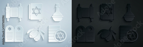Set Olives branch, Jewish wine bottle, Tombstone with star of david, coin, torah book and Torah scroll icon. Vector