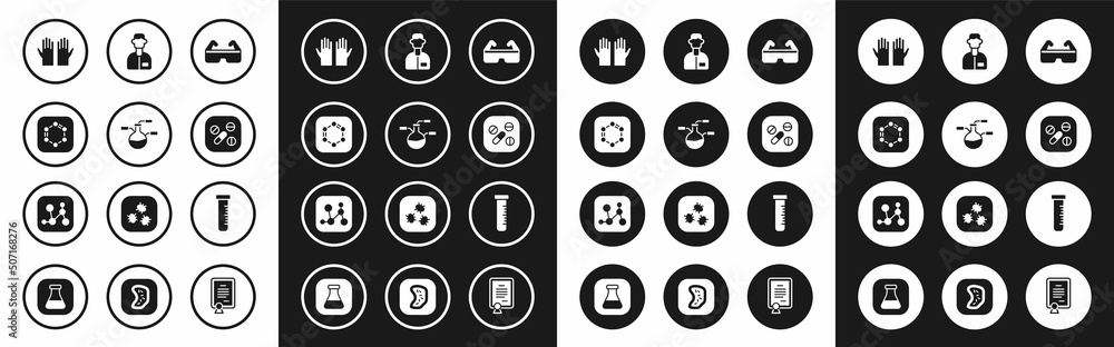 Set Safety goggle glasses, Test tube and flask, Formula of benzene rings, Medical rubber gloves, Medicine pill tablet, Laboratory assistant, and Chemical formula icon. Vector Set Safety goggle glasses, Test tube and flask, Formula of benzene rings, Medical rubber gloves, Medicine pill tablet, Laboratory assistant, and Chemical formula icon. Vector