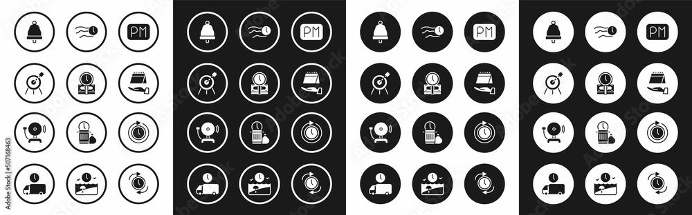 Set Day time, Time is money, Target sport, Ringing bell, Calendar, flies the clock, Clock with arrow and alarm icon. Vector Set Day time, Time is money, Target sport, Ringing bell, Calendar, flies the clock, Clock with arrow and alarm icon. Vector