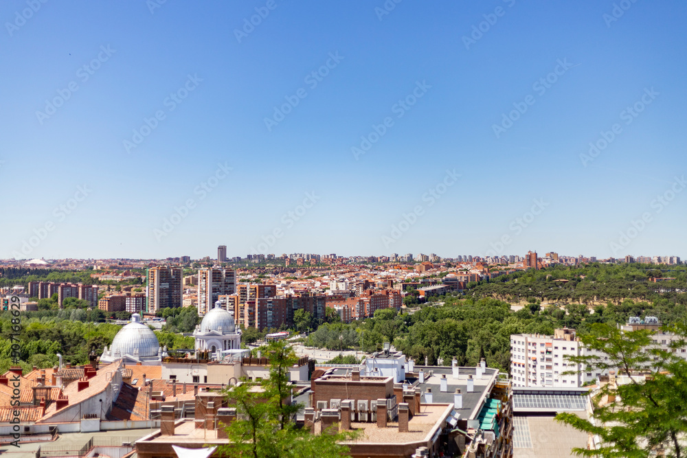 Madrid. Panoramic view of the city of Madrid from Parque del Oeste. Completely clear day. In Spain. Europe. Photography.