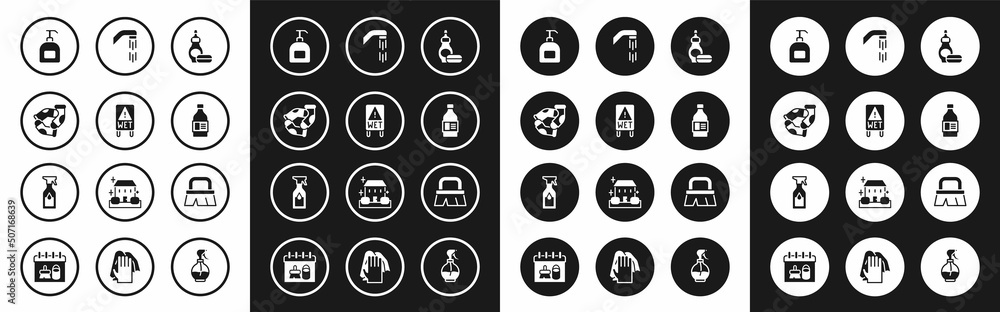 Set Dishwashing liquid bottle, Wet floor, Socks, Bottle of soap, for cleaning agent, Shower head, Brush and Cleaning spray icon. Vector Set Dishwashing liquid bottle, Wet floor, Socks, Bottle of soap, for cleaning agent, Shower head, Brush and Cleaning spray icon. Vector