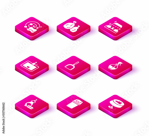 Set Dishwashing liquid bottle, Trash can, Washbasin, Dustpan, Stain on the tablecloth, Water spray, Home cleaning service and Garbage bag icon. Vector