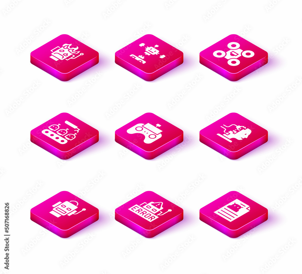 Set Robot, Error in robot, Industrial production of robots, Remote control, Technical specification, for maintenance, Drone and Disassembled icon. Vector Set Robot, Error in robot, Industrial production of robots, Remote control, Technical specification, for maintenance, Drone and Disassembled icon. Vector