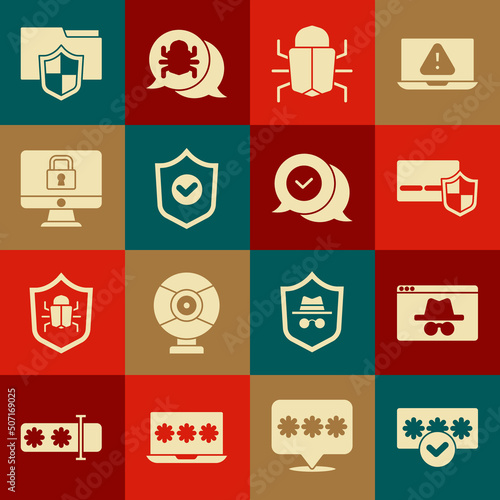 Set Password protection, Browser incognito window, Credit card with shield, System bug, Shield check mark, Lock monitor, Document folder and Check speech bubble icon. Vector