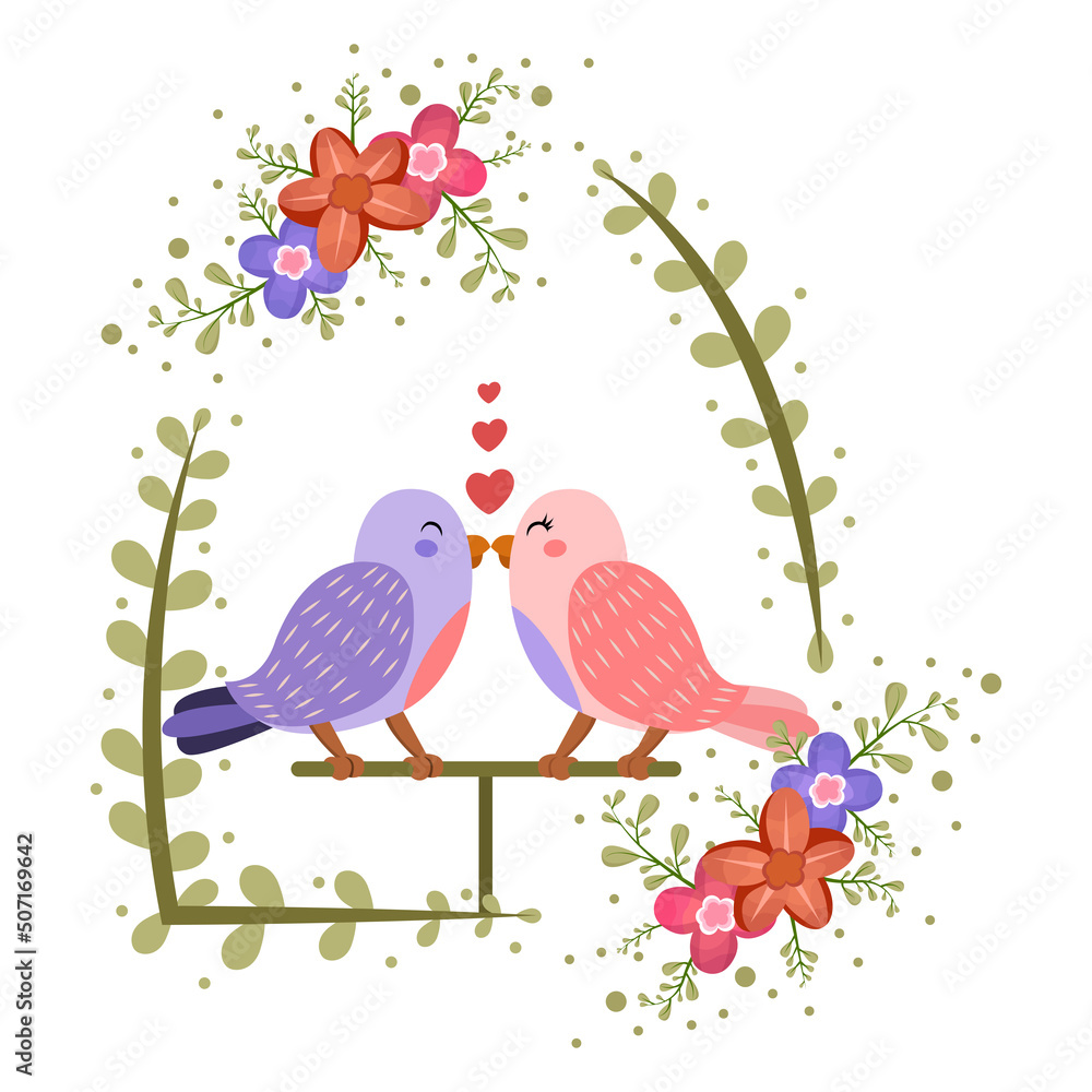Isolated cute birds in love Floral frame Vector illustration