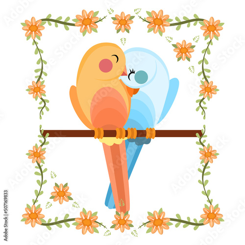 Canvas Print Isolated cute birds in love Floral frame Vector illustration