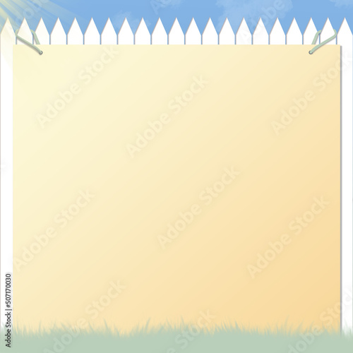 Background square with blank sign framed by a white picket fence, in an outdoor scene. There is a sky with clouds, the sun shining down and illuminating sign. Sign is blank with copy space.