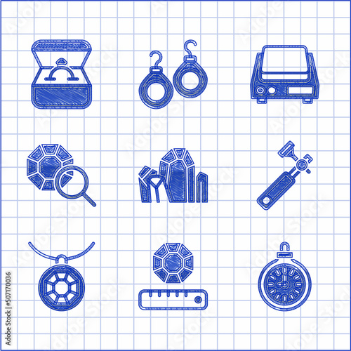 Set Gem stone, Pocket watch, Jewelers lupe, Pendant necklace, Electronic jewelry scales and Diamond engagement ring in box icon. Vector