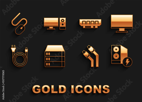 Set Server, Data, Web Hosting, Computer monitor screen, Case of computer, LAN cable network internet, Electric plug, RAM, random access memory, mouse and icon. Vector