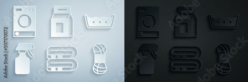 Set Towel stack, Temperature wash, Water spray bottle, Yarn, Laundry detergent and Washer icon. Vector