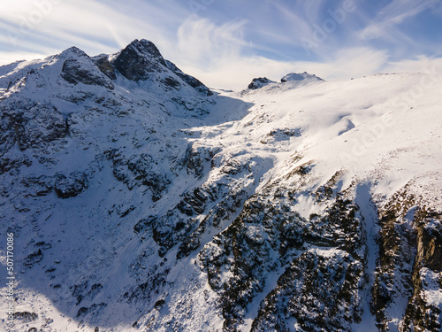 Aerial winter view of Rila Mountain near Malyovitsa peak, Bulgaria