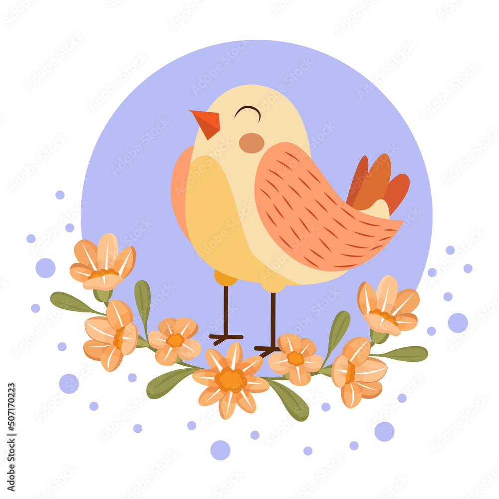 Isolated cute bird in a floral frame Vector illustration