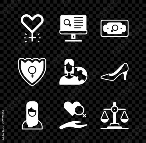 Set Feminism, Dating app, Money growth woman, Muslim hijab, Heart with female gender, Gender equality, shield, Female and Women from different countries icon. Vector