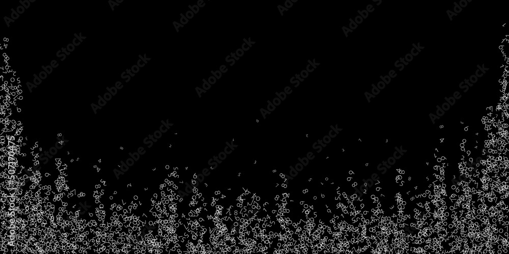 Falling numbers, big data concept. Binary white chaotic flying digits. Lovely futuristic banner on black background. Digital vector illustration with falling numbers.