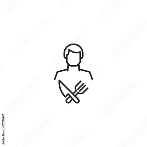 Monochrome sign drawn with black thin line. Modern vector symbol perfect for sites, apps, books, banners etc. Line icon of crossed fork and knife next to faceless man