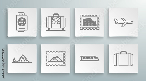 Set line Tourist tent with wood fire, Suitcase for travel and stickers, Postal stamp Mountains, Train, Coliseum, Plane and Passport ticket icon. Vector