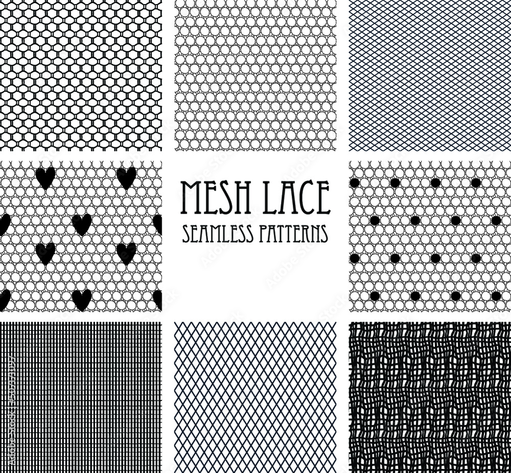 Set of eight seamless mesh lace patterns. - obrazy, fototapety, plakaty 