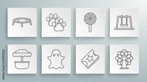 Set line Attraction carousel, Paw print, Ghost, Ticket, Ferris wheel, Lollipop, Swing and Jumping trampoline icon. Vector