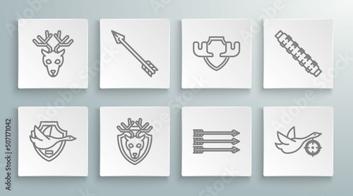 Set line Flying duck on shield, Hipster arrow, Deer head with antlers, arrows, Hunt crosshairs, Moose horns, Hunting cartridge belt cartridges and icon. Vector