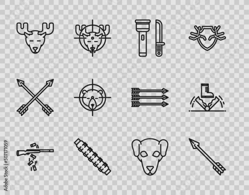 Set line Gun shooting, Hipster arrow, Flashlight and knife, Hunting cartridge belt with cartridges, Moose head horns, on bear crosshairs, dog and Trap hunting icon. Vector