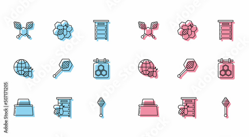 Set line Beekeeper with protect hat, Hive for bees, Honey dipper stick, Hanging sign honeycomb, Honeycomb map of the world and and icon. Vector
