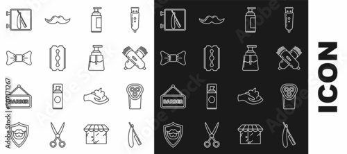Set line Straight razor, Electrical hair clipper shaver, Crossed electrical, Cream lotion cosmetic tube, Blade, Bow tie, Barbershop with and Aftershave icon. Vector