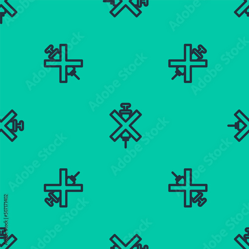 Blue line No doping syringe icon isolated seamless pattern on green background. Vector