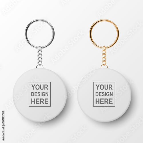 Vector 3d Realistic Blank White Round Keychain with Ring and Chain for Key Isolated on White. Button Badge with Ring Set. Plastic, Metal ID Badge with Chains Key Holder, Design Template, Mockup photo