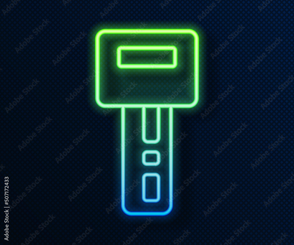 Glowing neon line Car key with remote icon isolated on blue background. Car key and alarm system. Vector