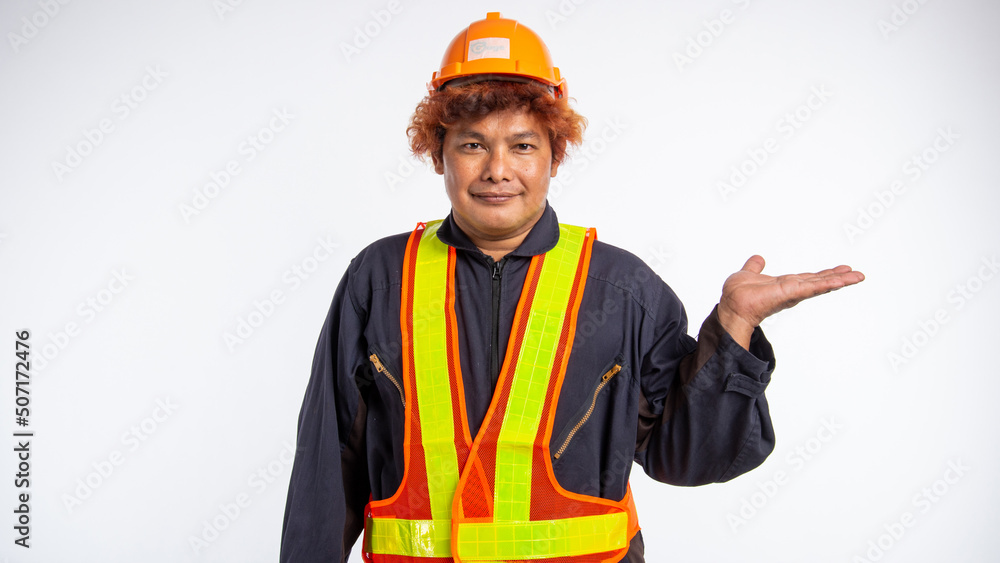 Portrait, male laborer, wearing a safety suit, wearing a helmet reflective safety vest