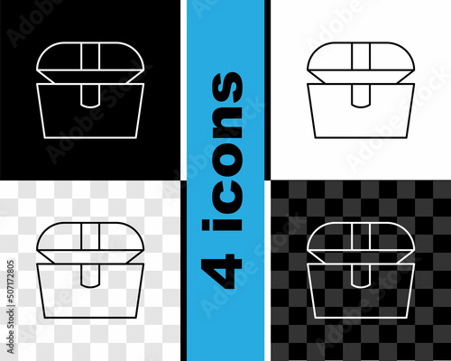 Set line Antique treasure chest icon isolated on black and white, transparent background. Vintage wooden chest with golden coin. Vector