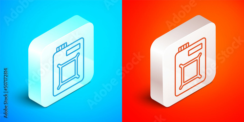 Isometric line Canister for motor machine oil icon isolated on blue and red background. Oil gallon. Oil change service and repair. Engine oil sign. Silver square button. Vector