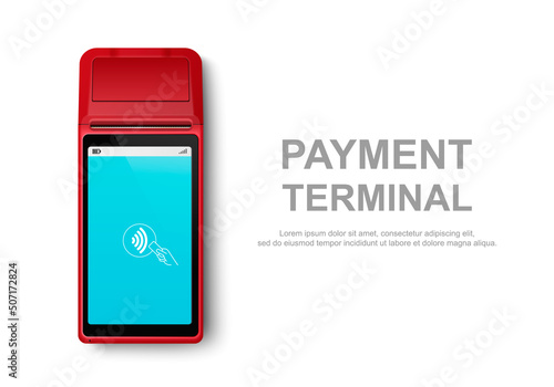 Vector Realistic Red 3d Touch NFC Mobile Payment Machine. POS Terminal Closeup Isolated on White. Design Template of Bank Payment Wireless Contactless Terminal, Mockup. Payments device. Top View