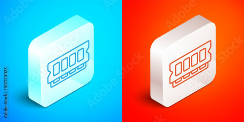 Isometric line RAM, random access memory icon isolated on blue and red background. Silver square button. Vector