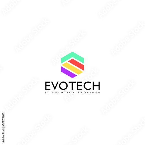 abstract initial letter E and T logo in the form of hexagon shape in blue, orange, yellow, and violet color applied for IT provider solution logo also suitable for the brand that has initial ET or TE