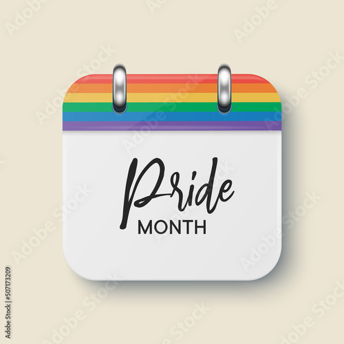 Vector 3d Realistic Simple Calendar Icon. Pride Month Celebrate Concept. LGBT rainbow colors, Gays, Lesbians Parade, Fight for Human Rights. Paper White Spiral Calendar on Wall
