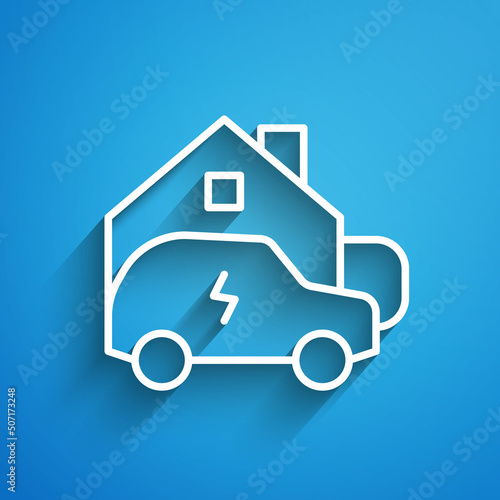 White line Electric car parking charging at home wall box charger station on house icon isolated on blue background. Long shadow. Vector