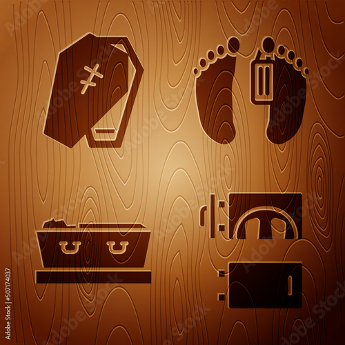 Set Crematorium, Coffin with cross, Coffin with dead and Dead body on wooden background. Vector