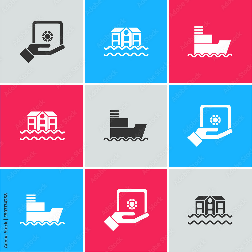 Set Safe in hand, House flood and Ship icon. Vector Set Safe in hand, House flood and Ship icon. Vector