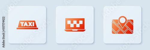 Set Laptop call taxi service, Taxi car roof and Gps device with map. White square button. Vector
